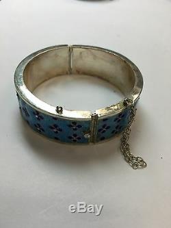 1 Vintage Silver Enamel Bangle Bracelet Antique 925 gem stone rare gift 925