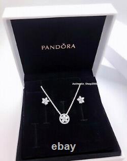 100% PANDORA 925 Sparkling Snowflake Jewelry Gift Set Necklace + Stud Earrings