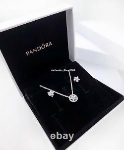 100% PANDORA 925 Sparkling Snowflake Jewelry Gift Set Necklace + Stud Earrings