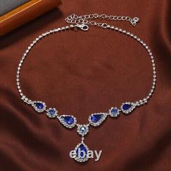 14K Gold Blue Silver CZ Jewelry Set Necklace Wedding Bridal Crystal Earring Gift