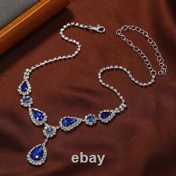 14K Gold Blue Silver CZ Jewelry Set Necklace Wedding Bridal Crystal Earring Gift