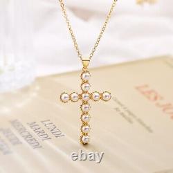 14K Gold CZ Pearls Cross Pendant Silver Sterling Necklace 925 Jewelry Gold Gift