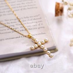 14K Gold CZ Pearls Cross Pendant Silver Sterling Necklace 925 Jewelry Gold Gift