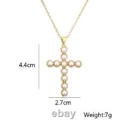 14K Gold CZ Pearls Cross Pendant Silver Sterling Necklace 925 Jewelry Gold Gift