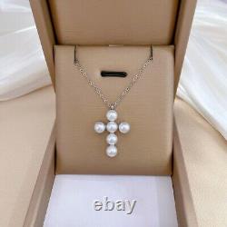 14K Silver CZ Pearls Cross Pendant Silver Sterling Necklace 925 Jewelry Gift