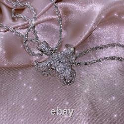 14K Silver Zircon Large Bull Head Necklace Stainless Steel Chain Jewelry Gift CZ