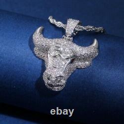 14K Silver Zircon Large Bull Head Necklace Stainless Steel Chain Jewelry Gift CZ