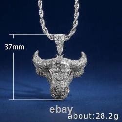 14K Silver Zircon Large Bull Head Necklace Stainless Steel Chain Jewelry Gift CZ