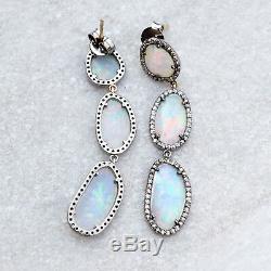 14k Gold Genuine Pave Diamond Ethiopian Opal Dangle Earrings Silver Jewelry GIFT
