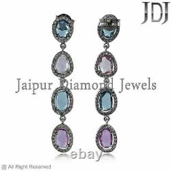14k Gold Natural Pave Diamond Multi Sapphire Earrings 925 Silver Jewelry GIFTS