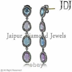 14k Gold Natural Pave Diamond Multi Sapphire Earrings 925 Silver Jewelry GIFTS