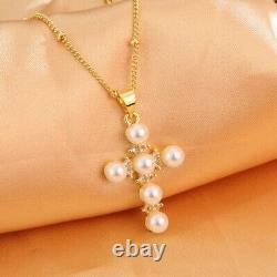 18K Gold Plated Pearls Cross Pendant Silver Sterling Necklace 925 Jewelry Gift