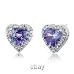 925 Silver 3CT Purple Sapphire Halo Heart Stud Earrings Women Girls Jewelry Gift