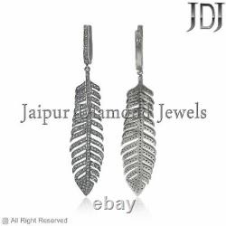 925 Silver Natural Pave Diamond Feather Dangle Earrings Jewelry CHRISTMAS GIFT