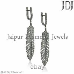 925 Silver Natural Pave Diamond Feather Dangle Earrings Jewelry CHRISTMAS GIFT