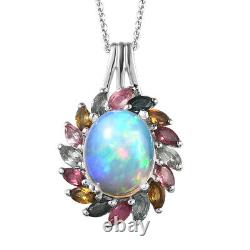 925 Silver Platinum Plated Opal Tourmaline Pendant Necklace Gift Size 20 Ct 3.5