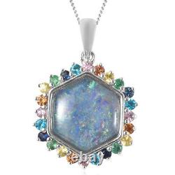 925 Silver Rhodium Over Opal Pink Sapphire Necklace Pendant Gifts Size 18 Ct 5