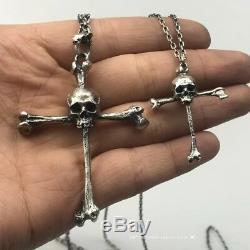 925 Silver Skull Cross Pendant Necklace Bone rods Original Made Men's Gift