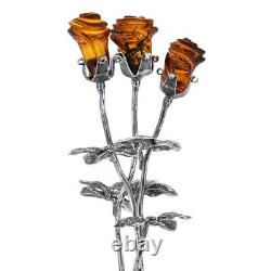 925 Solid Sterling Silver Rose Flower Men Women set Amber Stones Gift Jewelry