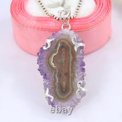 925 Sterling Silver Amethyst Stalactite Slice Pendant Necklace Jewelry Gift