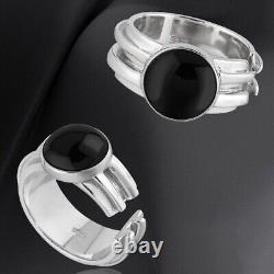 925 Sterling Silver Black Agate Adjustable Ring Men's Fashion Jewelry Gift