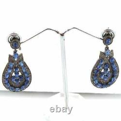925 Sterling Silver Blue Tanzanite Pave Diamond Earrings Jewelry Gift Her HG
