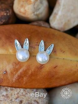 925 Sterling Silver Bunny Rabbit Ears Stud Earrings Natural Pearl Easter Gift