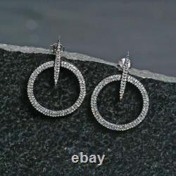 925 Sterling Silver Circle Dangle Earring Pave Diamond Handmade Jewelry Gift Her