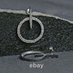 925 Sterling Silver Circle Dangle Earring Pave Diamond Handmade Jewelry Gift Her