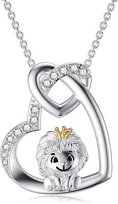 925 Sterling Silver Double Heart Lion Pendant Necklace Gifts for Women Girls Her