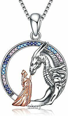 925 Sterling Silver Girl and Dragon Necklace Jewelry Gifts for Women Teen Girls