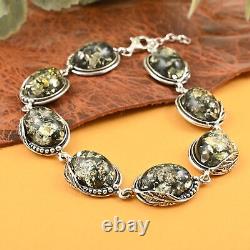 925 Sterling Silver Green Natural Amber Link Bracelet Jewelry Gift Size 8.5