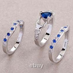 925 Sterling Silver Irish Claddagh Heart Blue Sapphire Engagement Ring Set+Gift