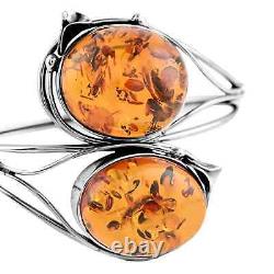 925 Sterling Silver Natural Amber Adjustable Bangle Cuff Bracelet Jewelry Gift