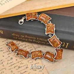 925 Sterling Silver Natural Amber Bracelet Jewelry Gift for Women Size 7