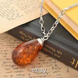 925 Sterling Silver Natural Amber Drop Necklace Jewelry Gift for Women Size 18