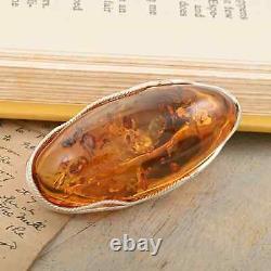 925 Sterling Silver Natural Amber Oval Brooch Jewelry Gift for Women 8.5 Grams