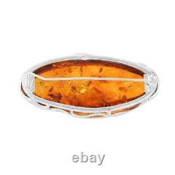 925 Sterling Silver Natural Amber Oval Brooch Jewelry Gift for Women 8.5 Grams