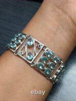 925 Sterling Silver Natural Blue Topaz Gemstone Wide Bracelet Jewelry Gift Women