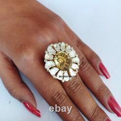 925 Sterling Silver Natural Citrine & Polki Diamond Ring Gift For Women Jewelry