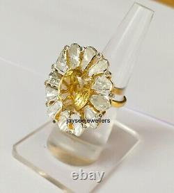 925 Sterling Silver Natural Citrine & Polki Diamond Ring Gift For Women Jewelry