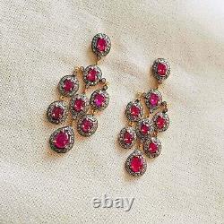 925 Sterling Silver Natural Ruby Pave Diamond Gold Plated Earring Jewelry Gift