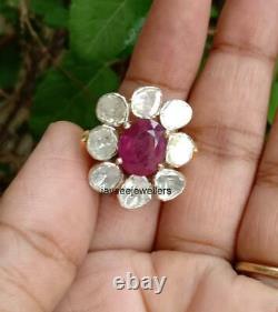 925 Sterling Silver Natural Ruby & Polki Diamond Engagement Gift Ring Jewelry