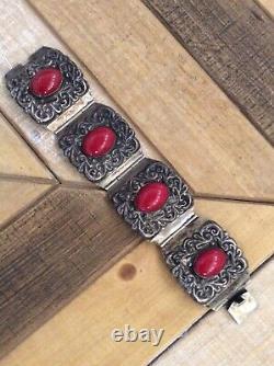 925 Sterling Silver Red Stone Coral Bracelet Cuff Vintage Jewel Gift Mexico ALC