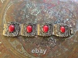 925 Sterling Silver Red Stone Coral Bracelet Cuff Vintage Jewel Gift Mexico ALC