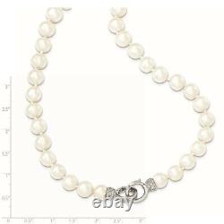 925 Sterling Silver Rh 10mm White Freshwater Cultured Pearl Cubic Zirconia Cz