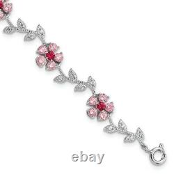 925 Sterling Silver Rhod Plated 7.75in Pink Clear Cubic Zirconia Cz Flower