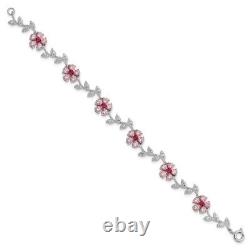 925 Sterling Silver Rhod Plated 7.75in Pink Clear Cubic Zirconia Cz Flower
