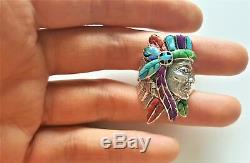 925 Sterling Silver Ring American Indian Chief Profile Coral Turquoise Opal Gift