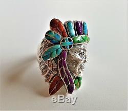 925 Sterling Silver Ring American Indian Chief Profile Coral Turquoise Opal Gift